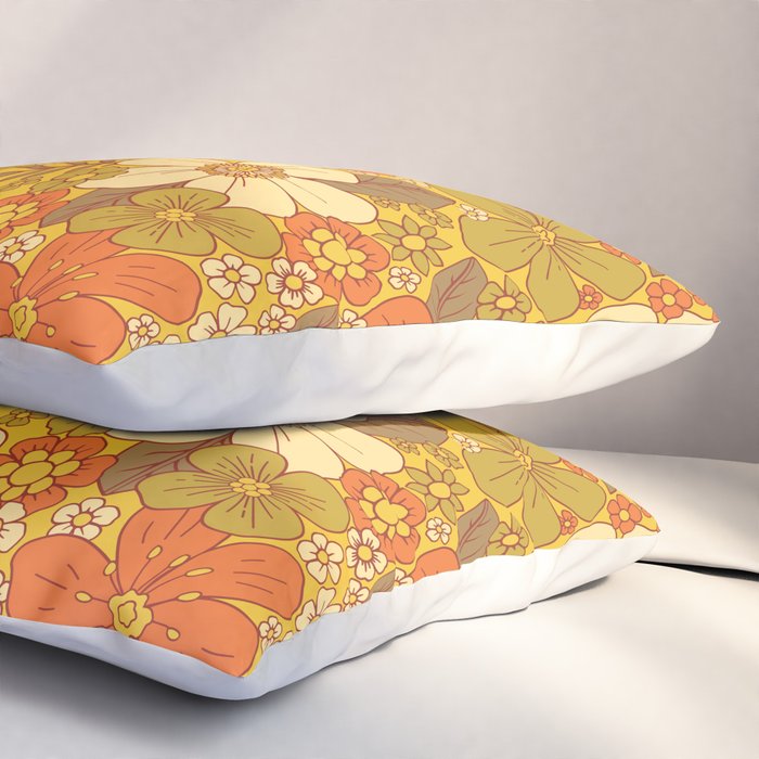 Retro 60s/70s Orange & Olive Green Floral Pillow Sham Gallery Image 3