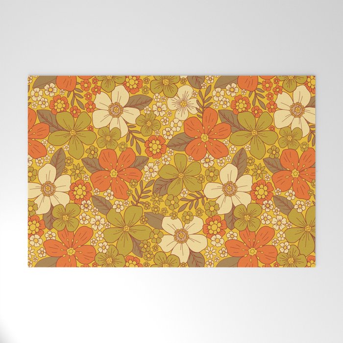 Retro 60s/70s Orange & Olive Green Floral Welcome Mat Gallery Image 1