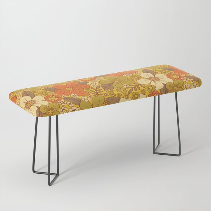 Retro 60s/70s Orange & Olive Green Floral Bench Gallery Image 1
