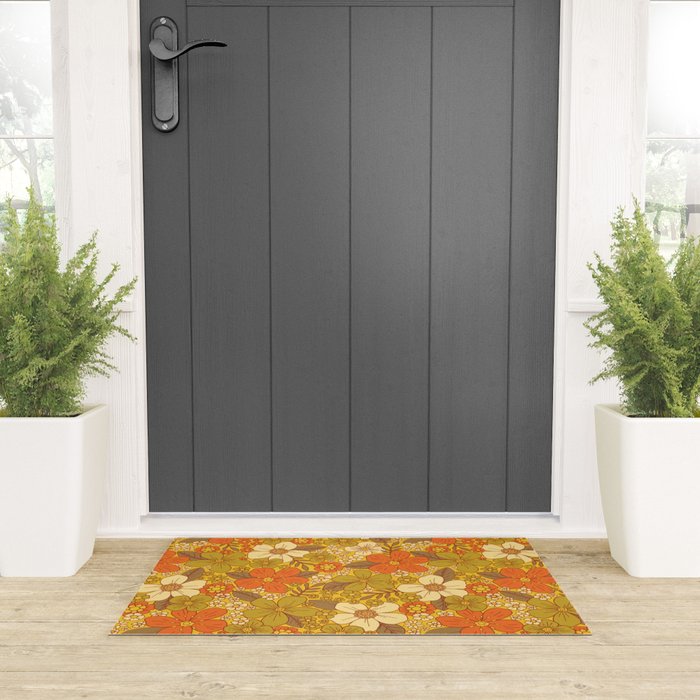 Retro 60s/70s Orange & Olive Green Floral Welcome Mat Gallery Image 3