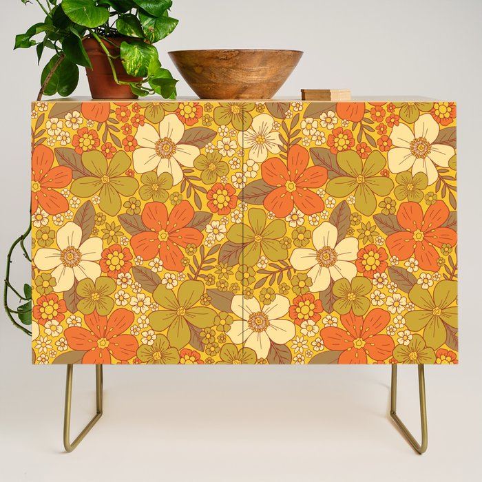 Retro 60s/70s Orange & Olive Green Floral Credenza Gallery Image 1