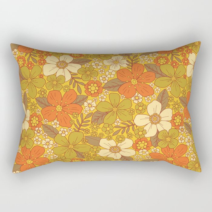 Retro 60s/70s Orange & Olive Green Floral Rectangular Pillow Gallery Image 2