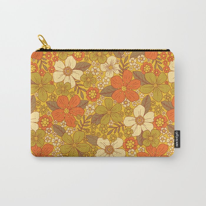 Retro 60s/70s Orange & Olive Green Floral Carry All Pouch Gallery Image 1