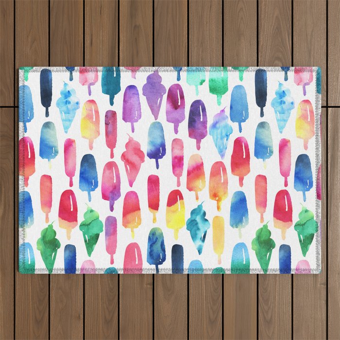 Rainbow Watercolor Popsicles Ice Cream Cones Outdoor Rug Gallery Image 1