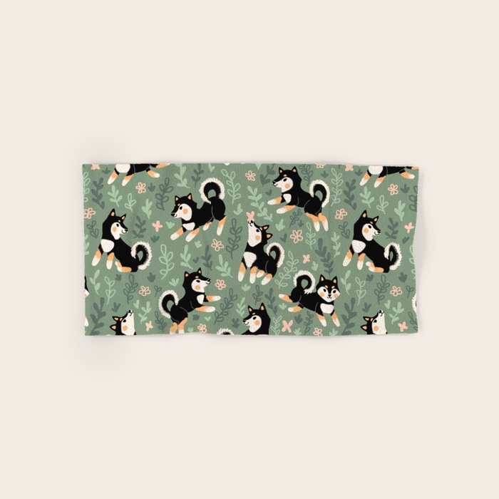 Playful Black And Tan Shiba Inu Pattern Bath Towel Gallery Image 1