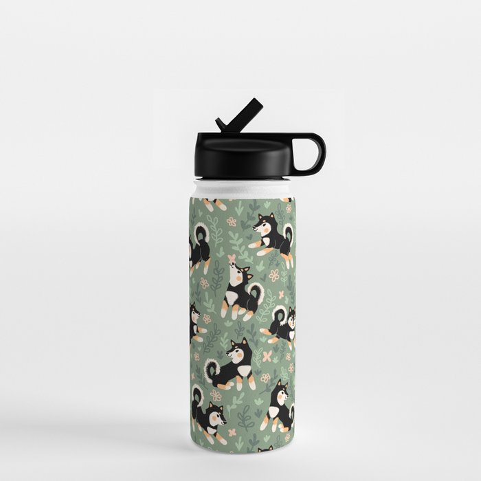 Playful Black And Tan Shiba Inu Pattern Water Bottle Gallery Image 1