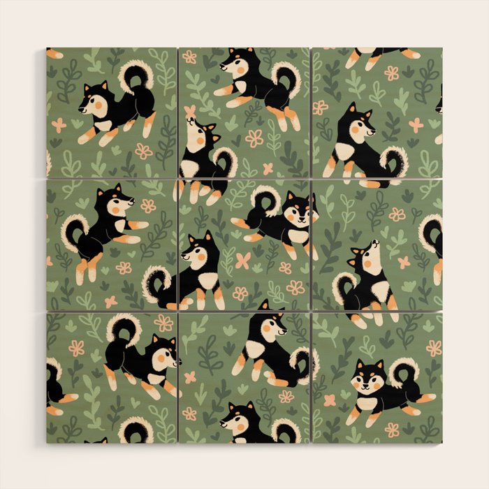 Playful Black And Tan Shiba Inu Pattern Wood Wall Art Gallery Image 1