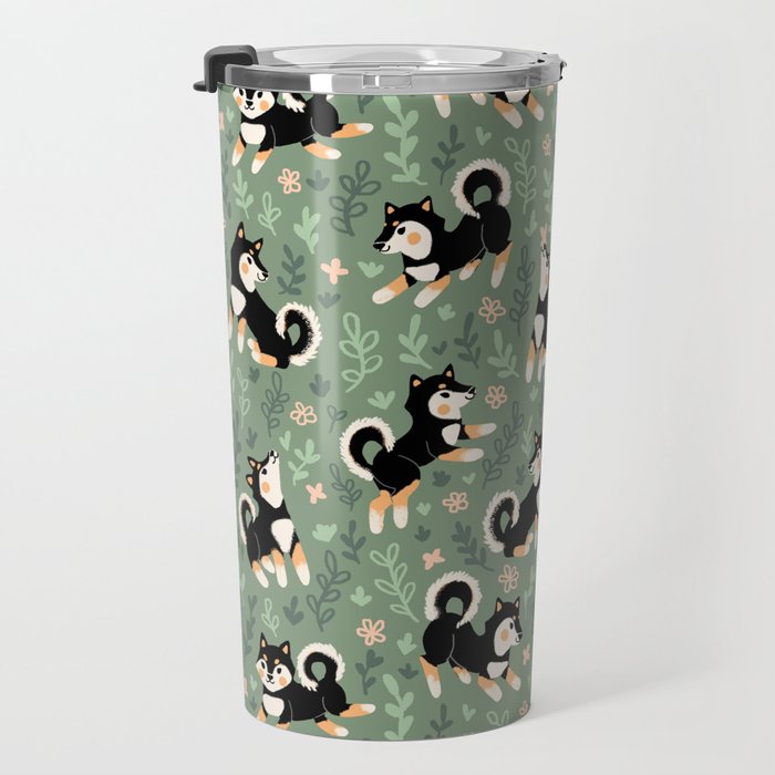 Playful Black And Tan Shiba Inu Pattern Travel Mug Gallery Image 3