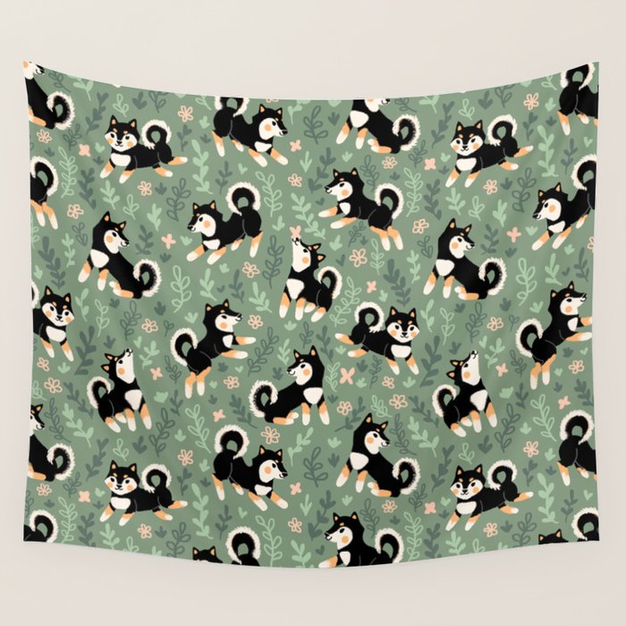 Playful Black And Tan Shiba Inu Pattern Wall Tapestry Gallery Image 1