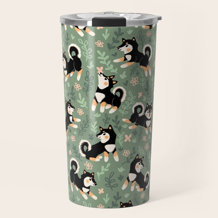 Playful Black And Tan Shiba Inu Pattern Travel Mug Gallery Image 1