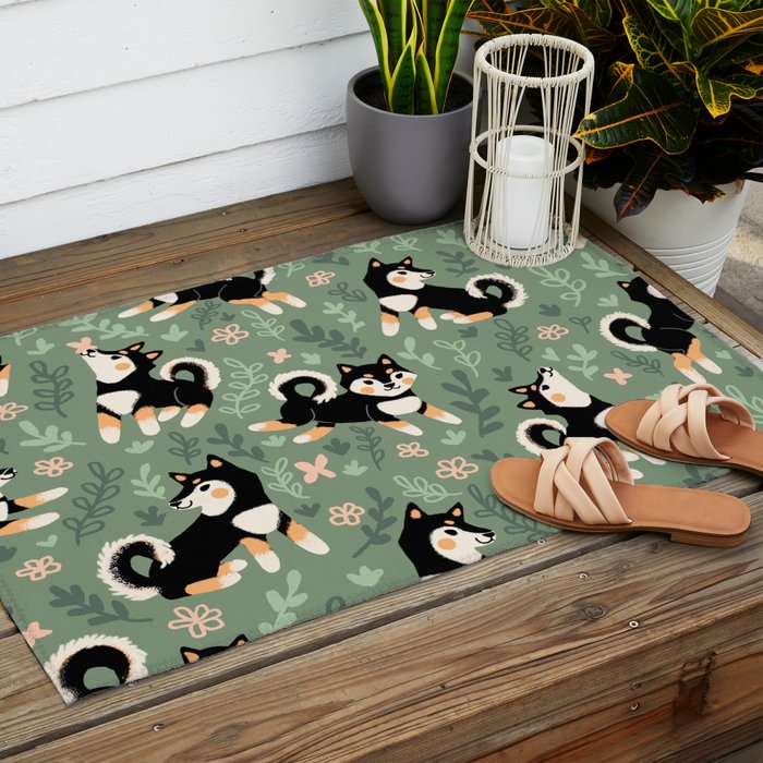 Playful Black And Tan Shiba Inu Pattern Outdoor Rug Gallery Image 2