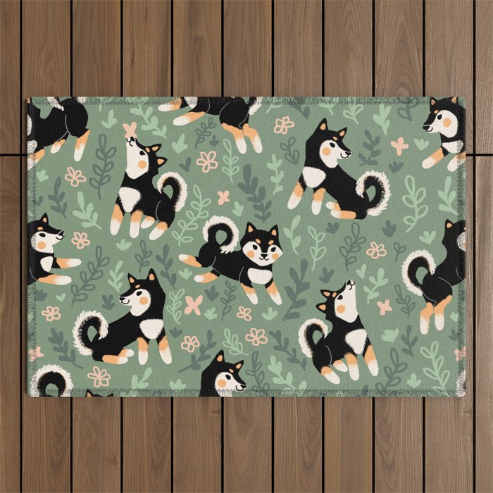 Playful Black And Tan Shiba Inu Pattern Outdoor Rug Gallery Image 1