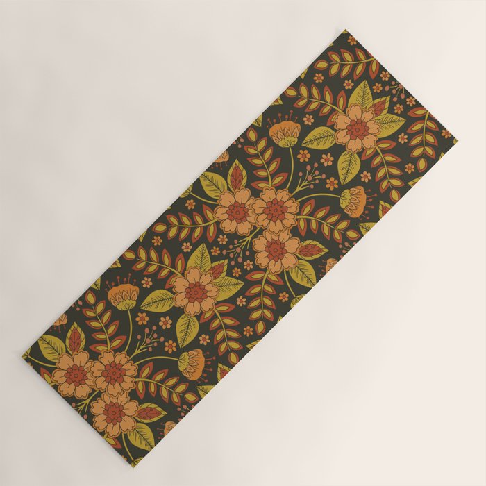 Orange, Peach, Olive Green & Dark Gray Floral Pattern Yoga Mat Gallery Image 1