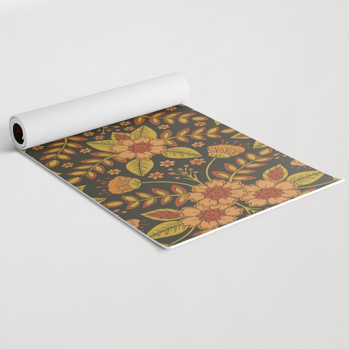 Orange, Peach, Olive Green & Dark Gray Floral Pattern Yoga Mat Gallery Image 2