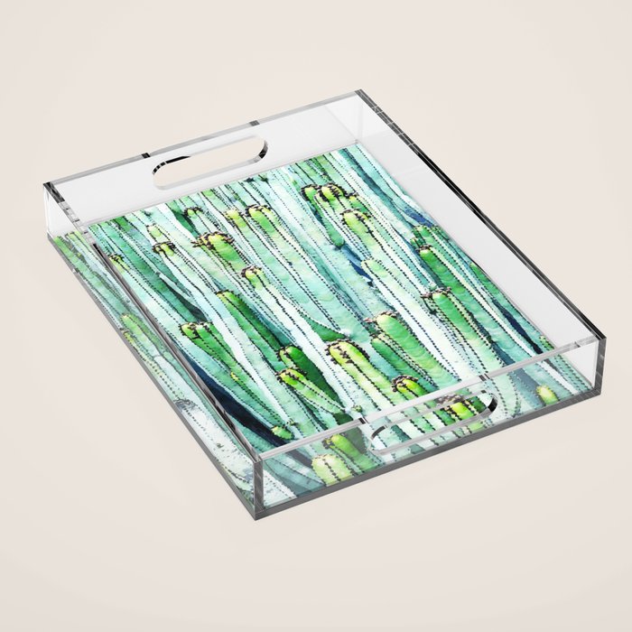 Lost Cactus, Watercolor Nature Painting, Botanical Neutral Illustration Minimal Drawing Jungle Acrylic Tray Gallery Image 1