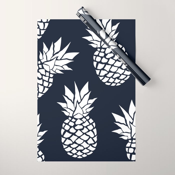 Tropical, Pineapples, Navy Blue ad White Wrapping Paper Gallery Image 1