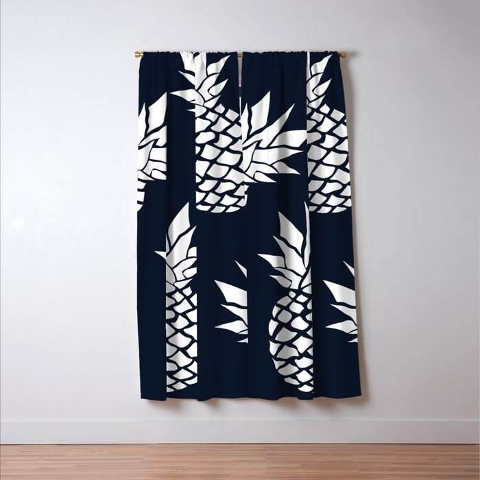 Tropical, Pineapples, Navy Blue ad White Window Curtain Gallery Image 3