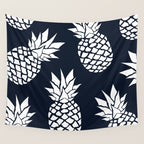 Tropical, Pineapples, Navy Blue ad White Wall Tapestry Gallery Image 4