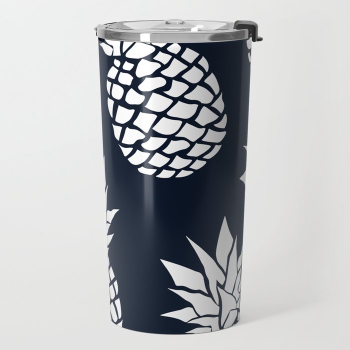Tropical, Pineapples, Navy Blue ad White Travel Mug Gallery Image 2