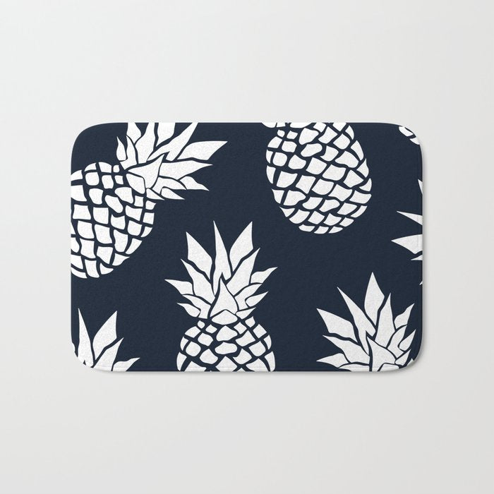 Tropical, Pineapples, Navy Blue ad White Bath Mat Gallery Image 1