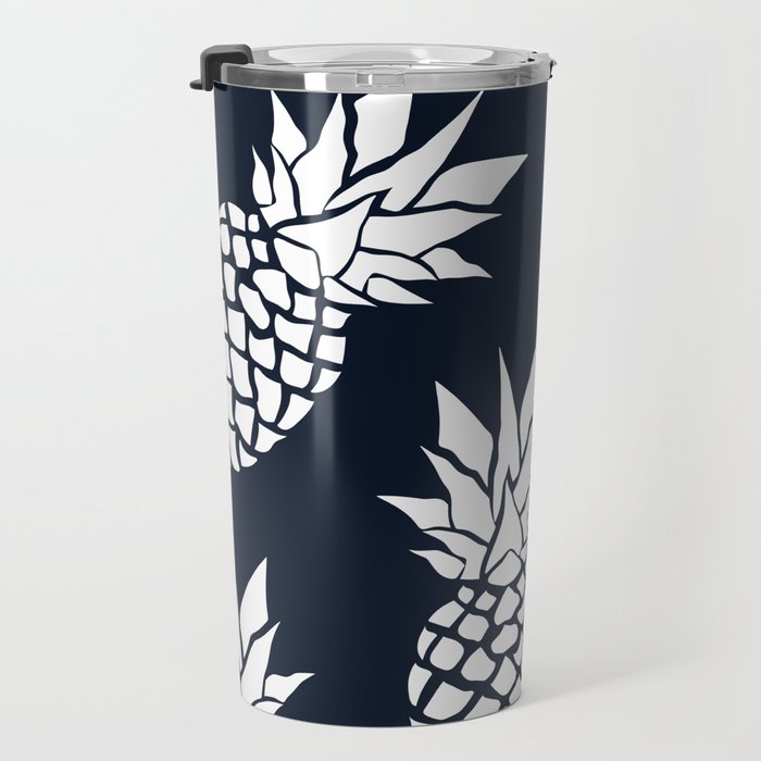 Tropical, Pineapples, Navy Blue ad White Travel Mug Gallery Image 3