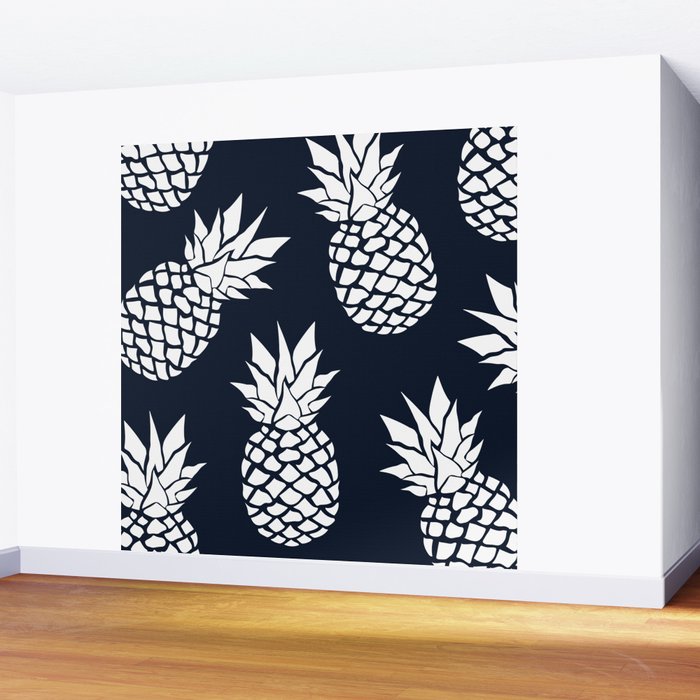 Tropical, Pineapples, Navy Blue ad White Wall Mural Gallery Image 2