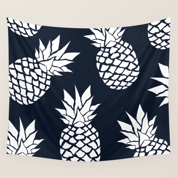 Tropical, Pineapples, Navy Blue ad White Wall Tapestry Gallery Image 1