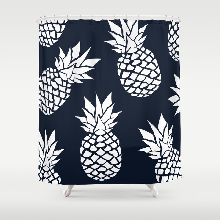 Tropical, Pineapples, Navy Blue ad White Shower Curtain Gallery Image 1