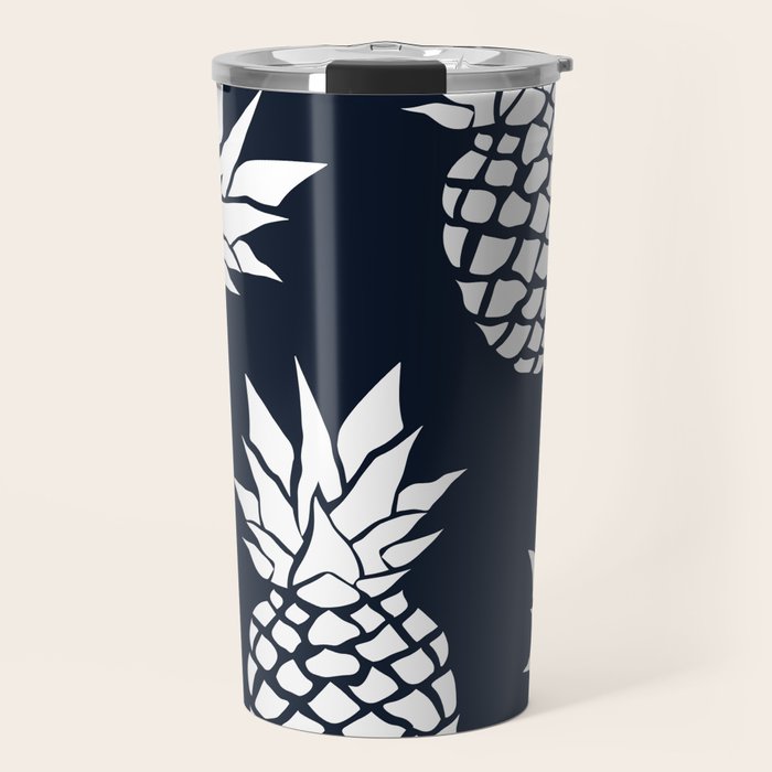 Tropical, Pineapples, Navy Blue ad White Travel Mug Gallery Image 1
