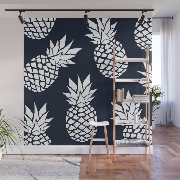 Tropical, Pineapples, Navy Blue ad White Wall Mural Gallery Image 1