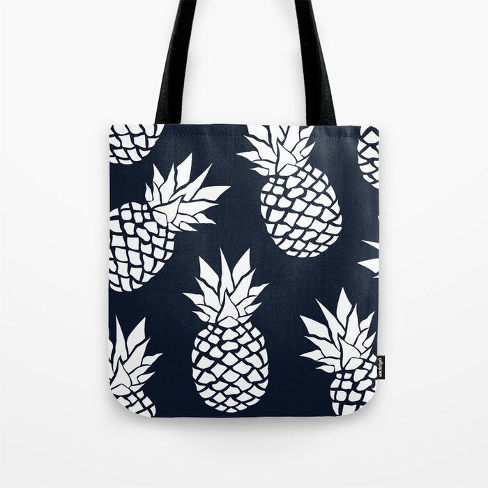 Tropical, Pineapples, Navy Blue ad White Tote Bag Gallery Image 1