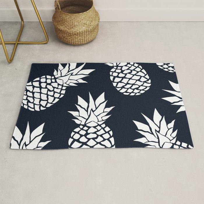 Tropical, Pineapples, Navy Blue ad White Rug Gallery Image 1