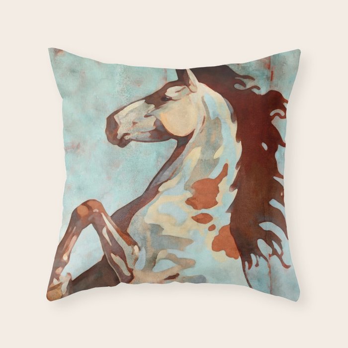Horse Watercolor in Turqoise and Rust Throw Pillow Gallery Image 6