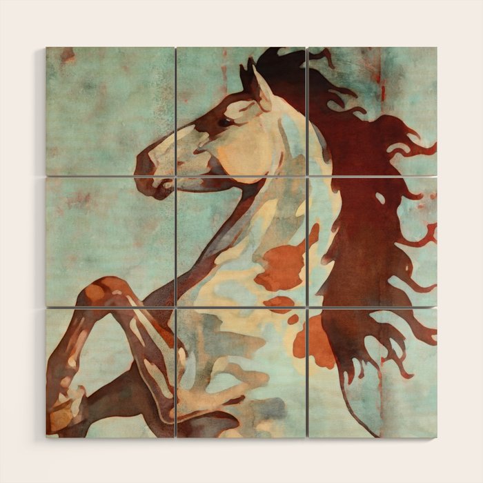 Horse Watercolor in Turqoise and Rust Wood Wall Art Gallery Image 1