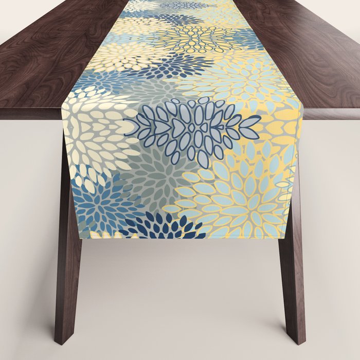 Floral Print, Yellow, Gray, Blue, Teal Table Runner Gallery Image 1