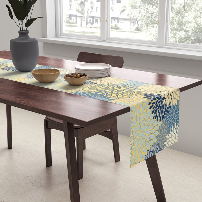 Floral Print, Yellow, Gray, Blue, Teal Table Runner Gallery Image 2
