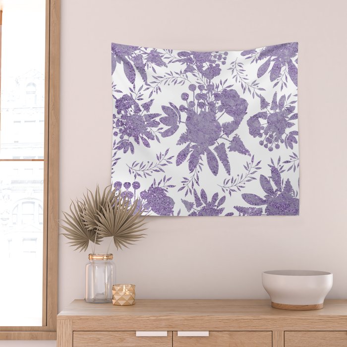 Elegant Lavender Purple White Glitter Floral Wall Tapestry Gallery Image 2