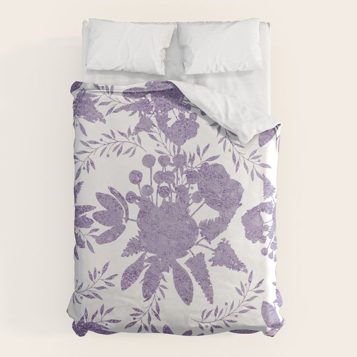 Elegant Lavender Purple White Glitter Floral Duvet Cover Gallery Image 1