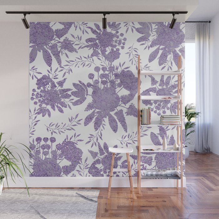 Elegant Lavender Purple White Glitter Floral Wall Mural Gallery Image 1