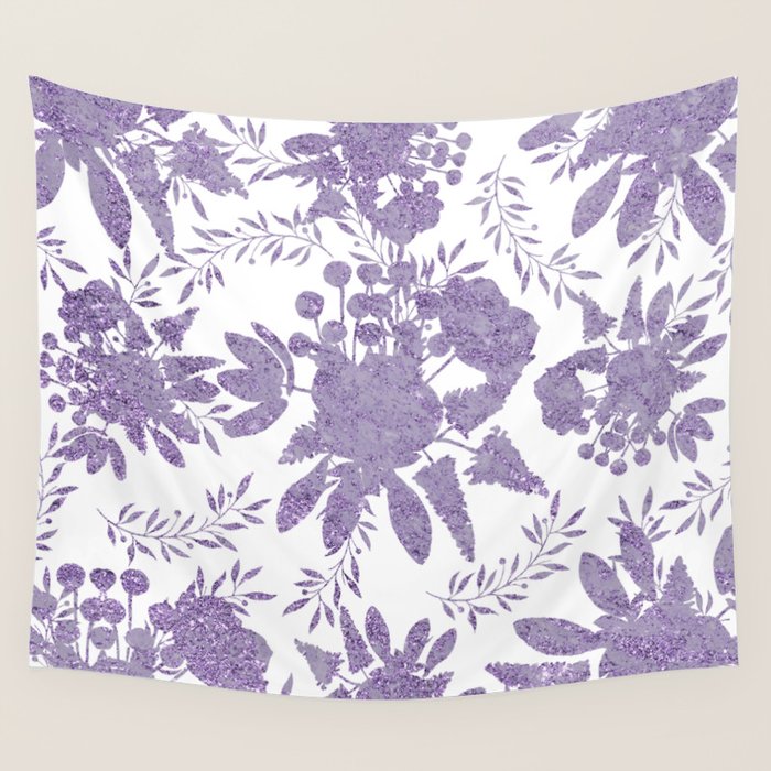 Elegant Lavender Purple White Glitter Floral Wall Tapestry Gallery Image 1