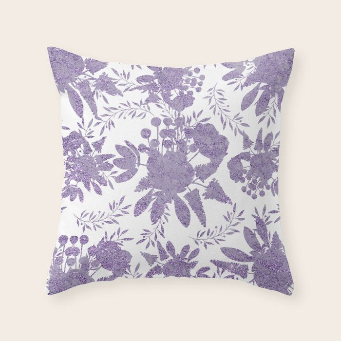 Elegant Lavender Purple White Glitter Floral Throw Pillow Gallery Image 6