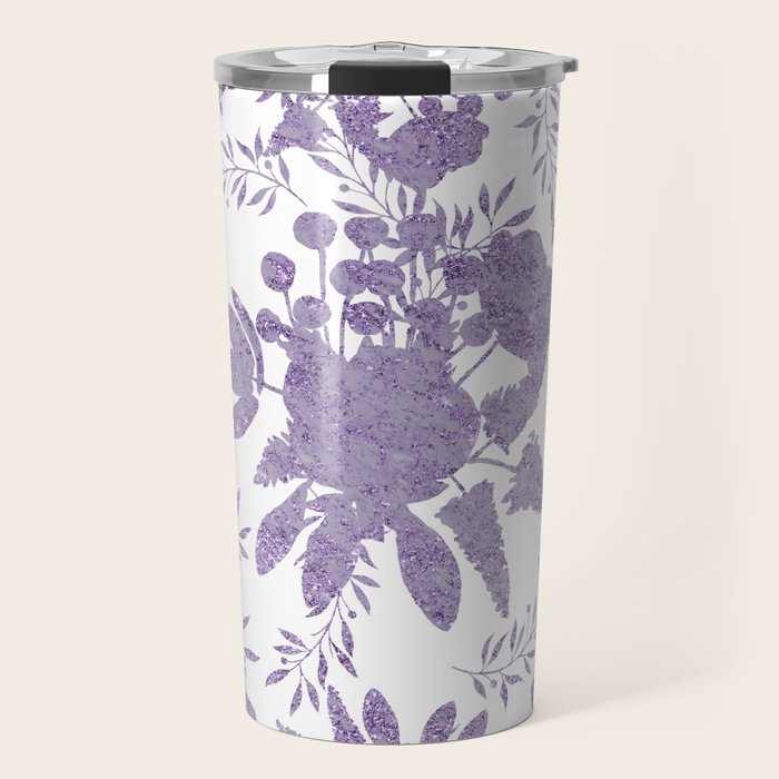 Elegant Lavender Purple White Glitter Floral Travel Mug Gallery Image 1