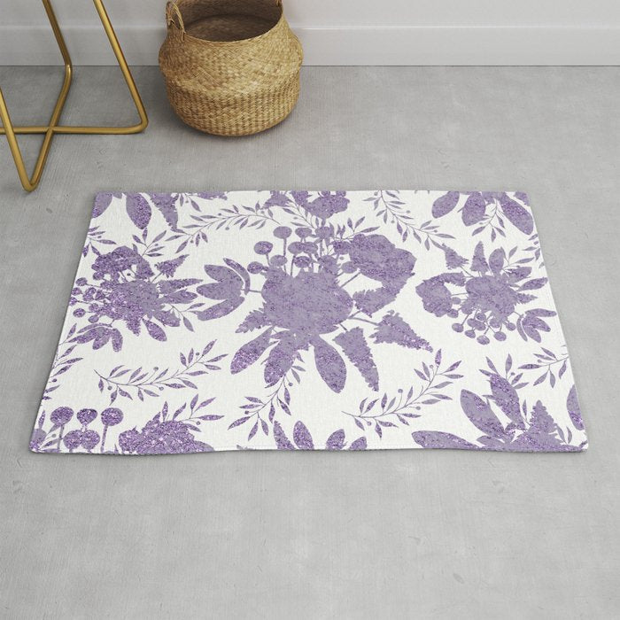 Elegant Lavender Purple White Glitter Floral Rug Gallery Image 1