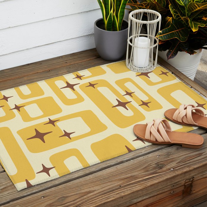 Retro Mid Century Modern Abstract Pattern 577 Yellow Brown Outdoor Rug Gallery Image 2