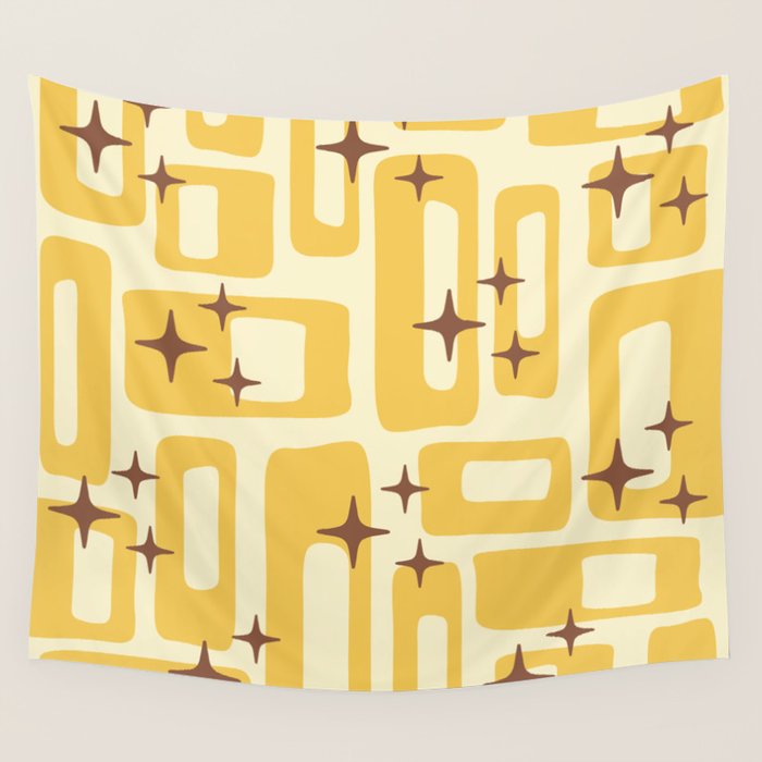 Retro Mid Century Modern Abstract Pattern 577 Yellow Brown Wall Tapestry Gallery Image 1