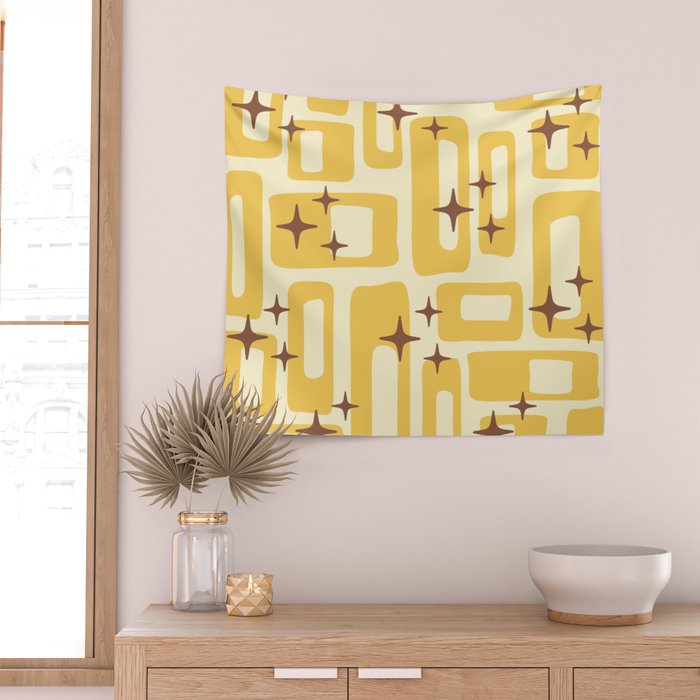 Retro Mid Century Modern Abstract Pattern 577 Yellow Brown Wall Tapestry Gallery Image 2