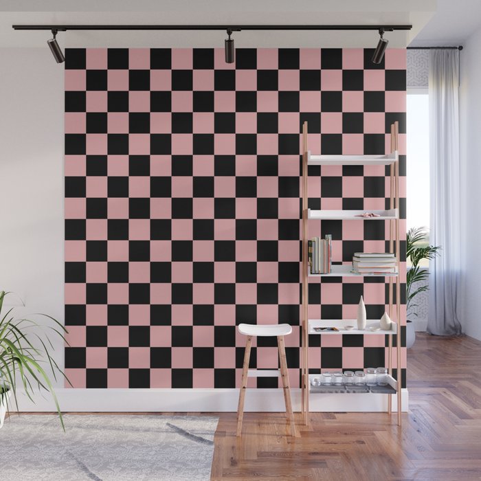 Pink and Black Checkered Checkerboard Check Pattern Wall Mural Gallery Image 1