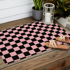 Pink and Black Checkered Checkerboard Check Pattern Outdoor Rug Gallery Image 2