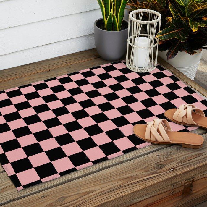 Pink and Black Checkered Checkerboard Check Pattern Outdoor Rug Gallery Image 2