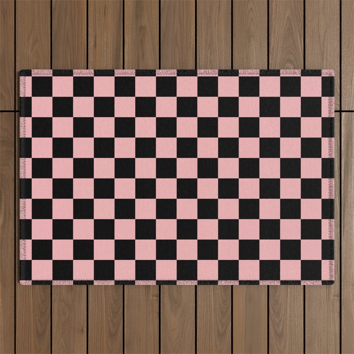 Pink and Black Checkered Checkerboard Check Pattern Outdoor Rug Gallery Image 1